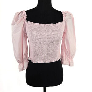 ROOSCIER Smocked Crop Top Puff Sleeve Square Neckline Size Large Blush Pink
